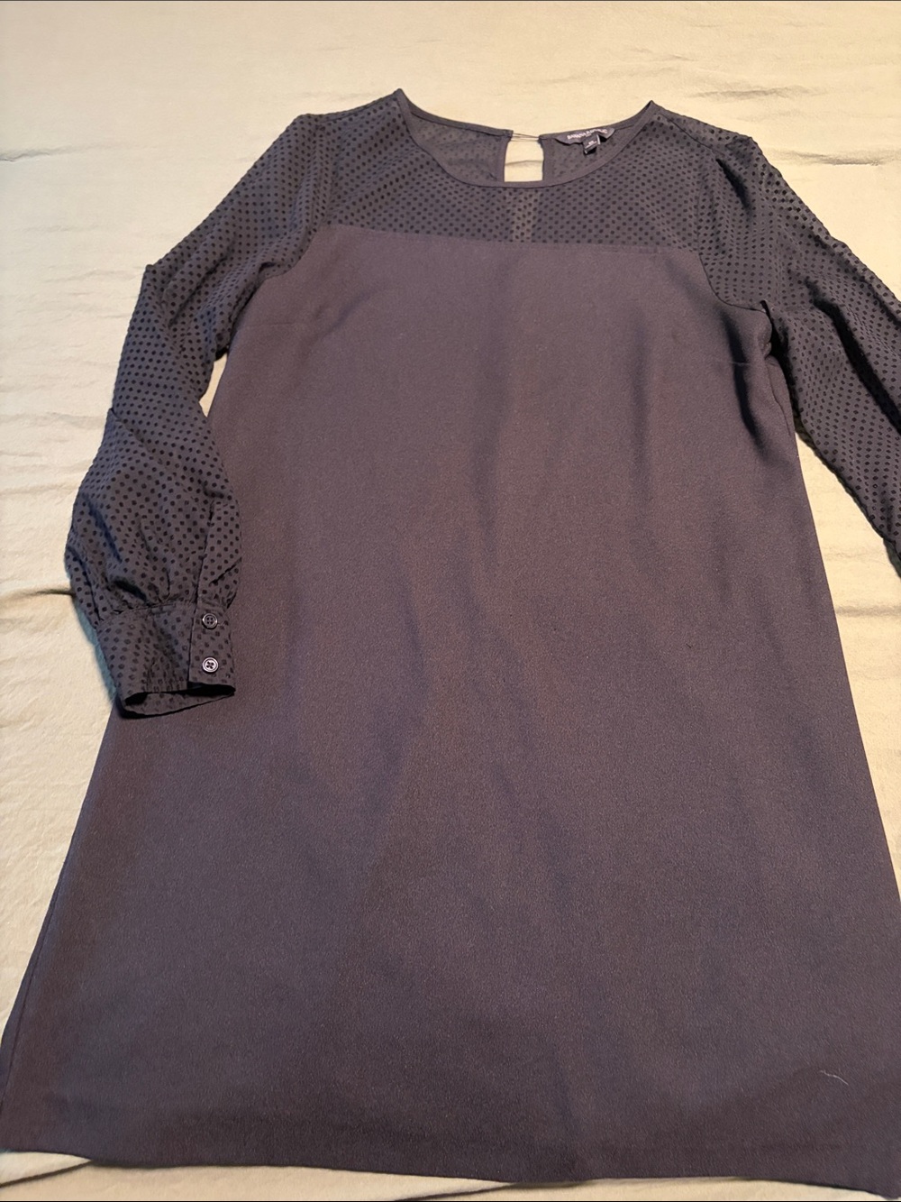 Womens Navy Long-Sleeve Shift Dress with Textured Yoke